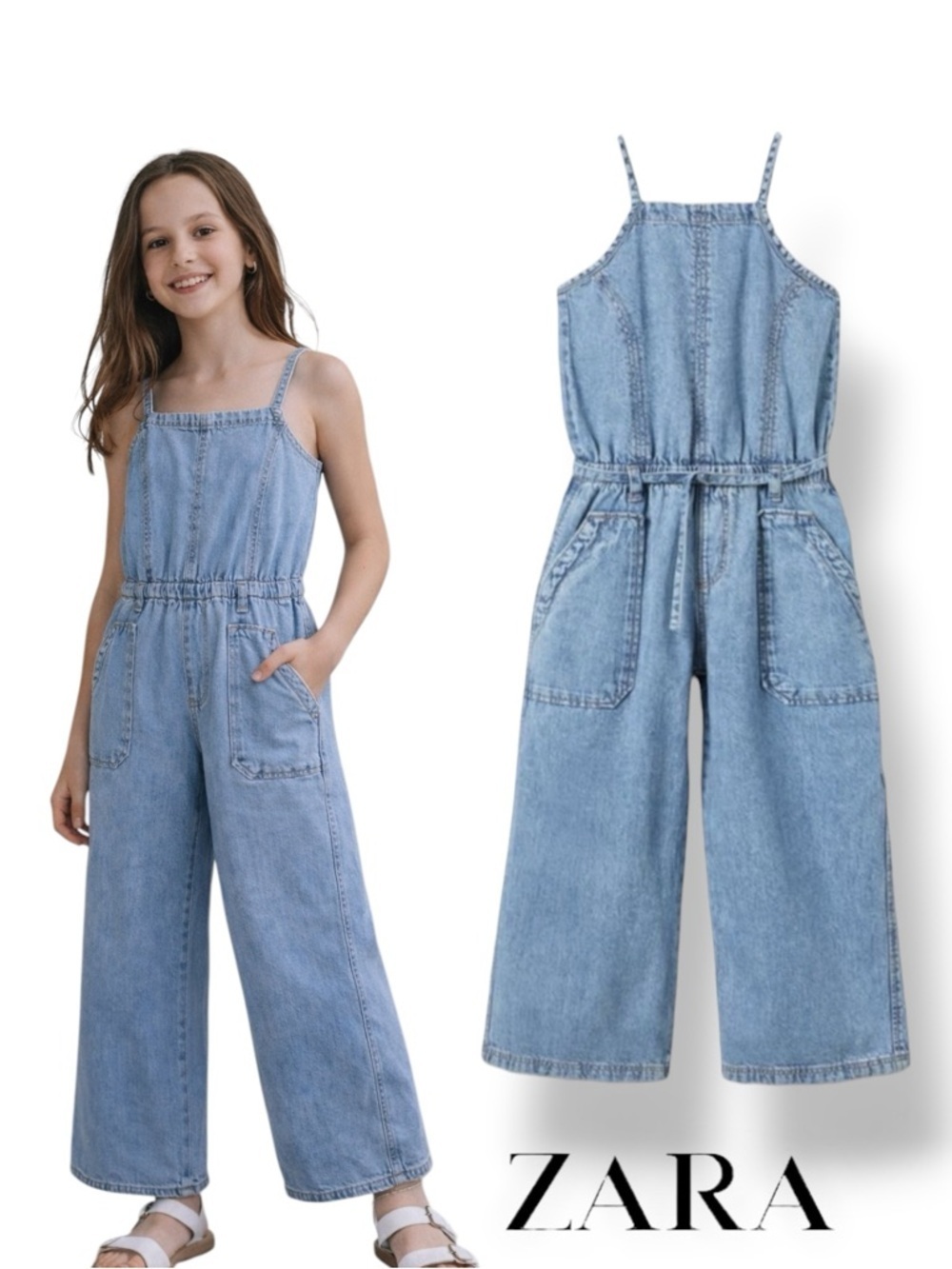 ZARA Girls Blue Denim Wide Leg Jumpsuit NWT Size 14